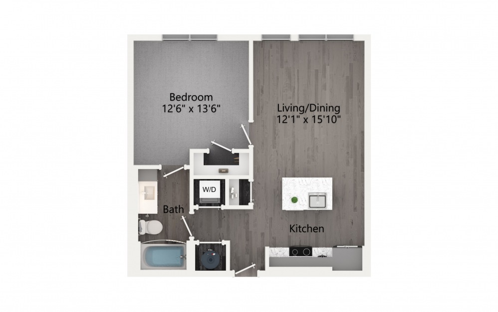 A1 - 1 bedroom floorplan layout with 1 bath and 680 square feet. (2D)