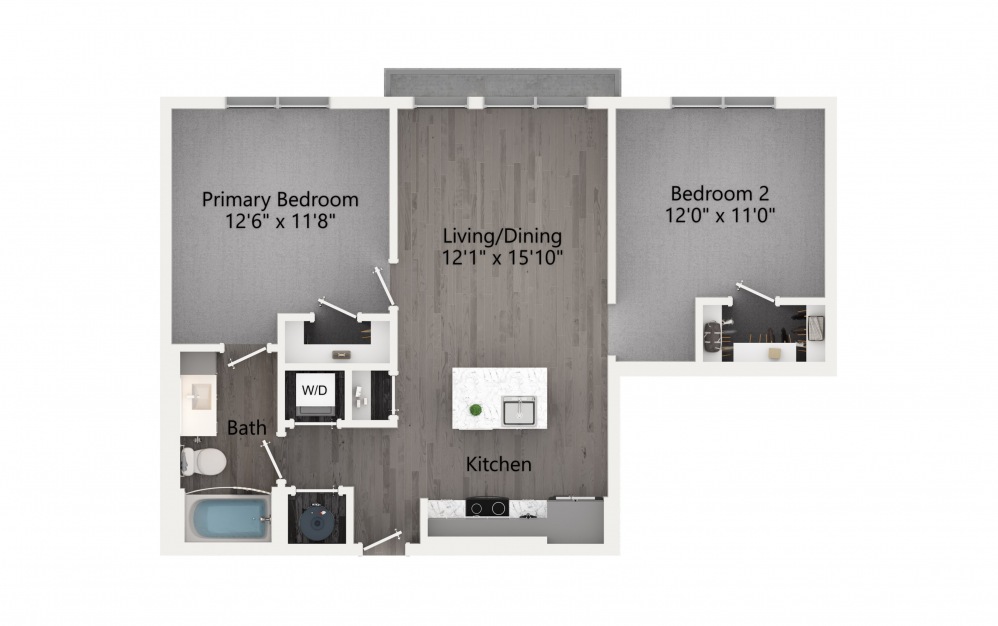 A1-D - 1 bedroom floorplan layout with 1 bath and 877 square feet. (2D)