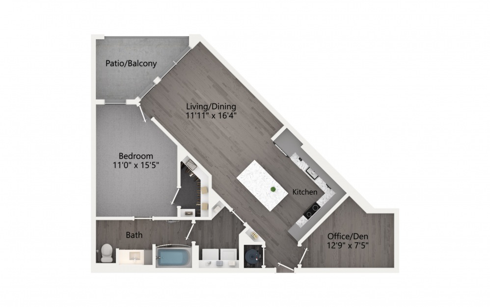 A6-D - 1 bedroom floorplan layout with 1 bath and 882 square feet. (2D)