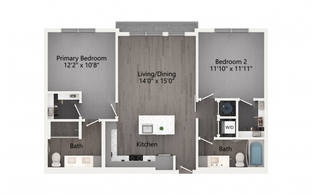 B1 - 2 bedroom floorplan layout with 2 baths and 1031 square feet. (2D)