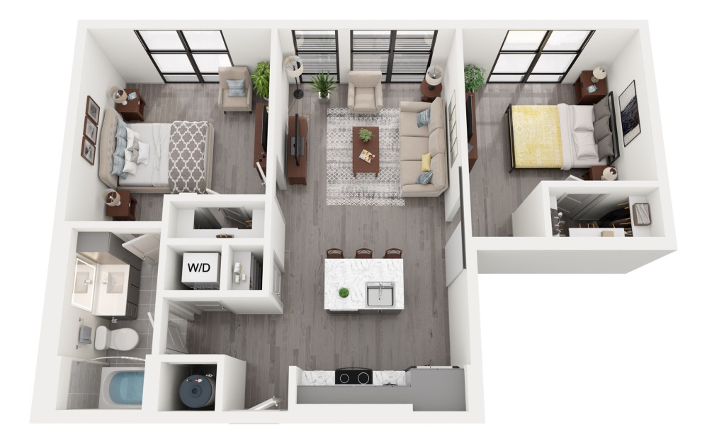 B1-A - 2 bedroom floorplan layout with 1 bathroom and 877 square feet (3D)