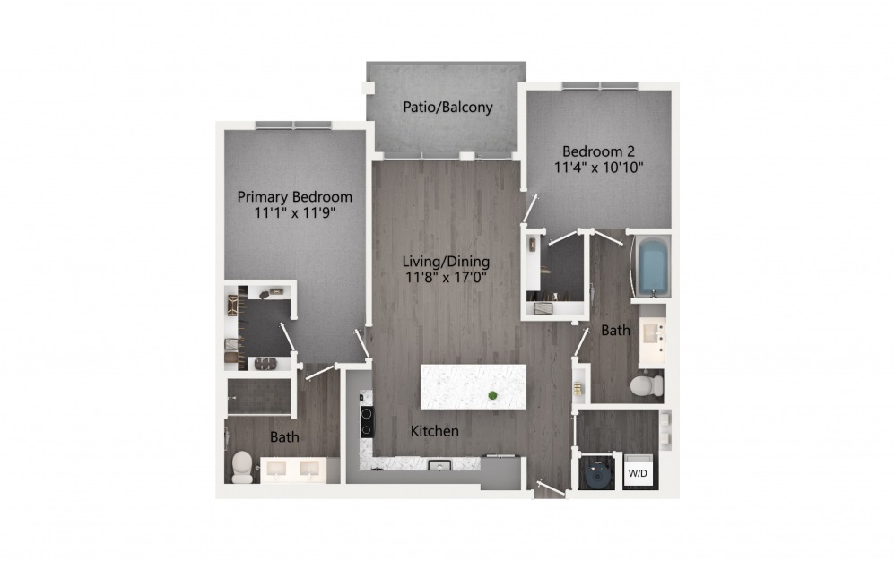 B2 - 2 bedroom floorplan layout with 2 baths and 1078 square feet. (2D)