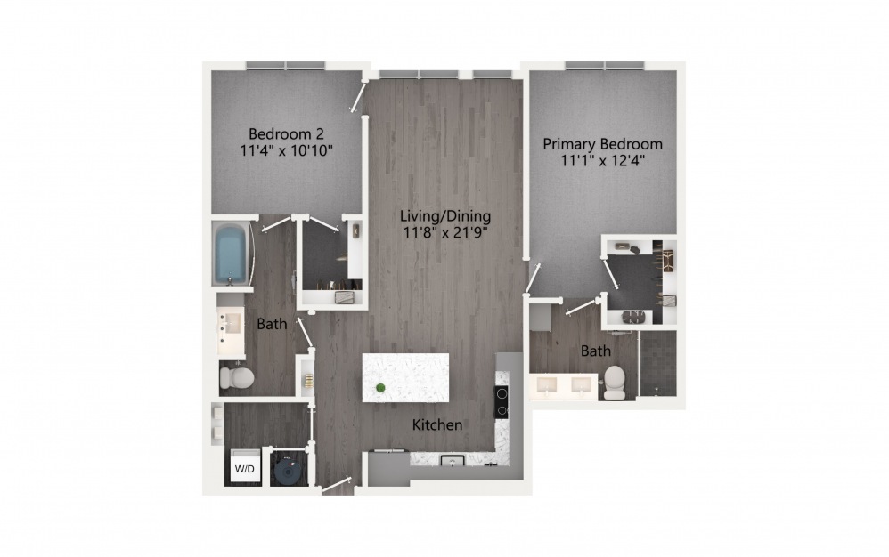 B3 - 2 bedroom floorplan layout with 2 baths and 1095 square feet. (2D)