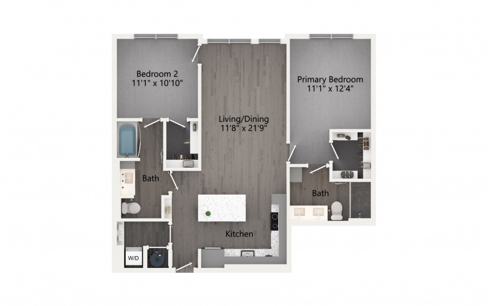 B3-A - 2 bedroom floorplan layout with 2 baths and 1080 square feet. (2D)