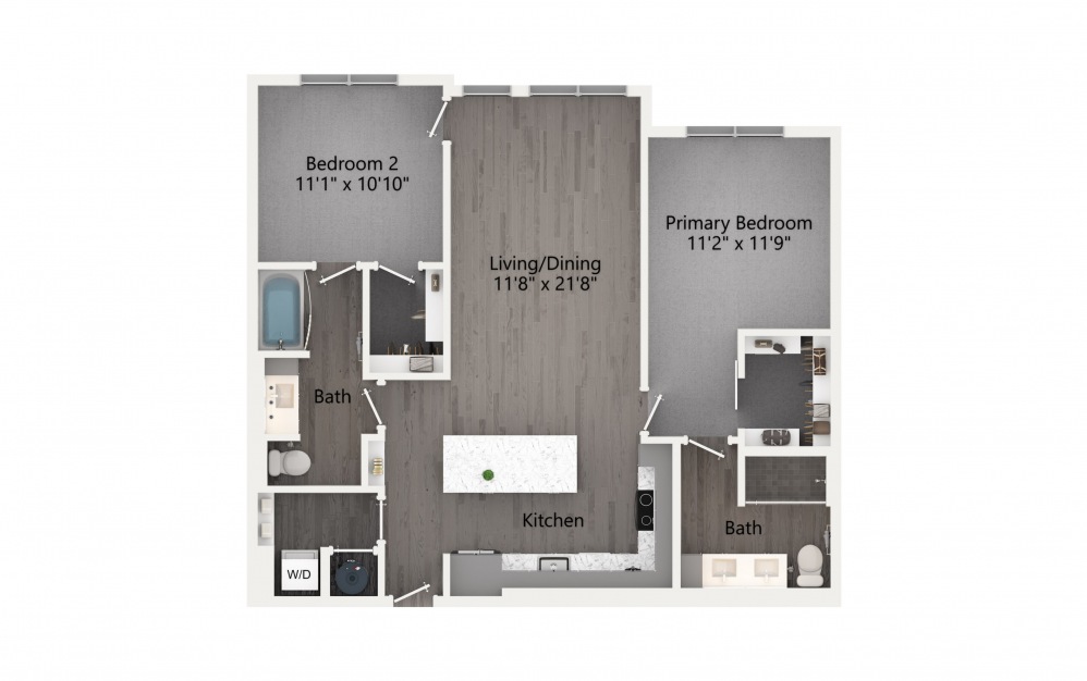 B4 - 2 bedroom floorplan layout with 2 baths and 1137 square feet. (2D)