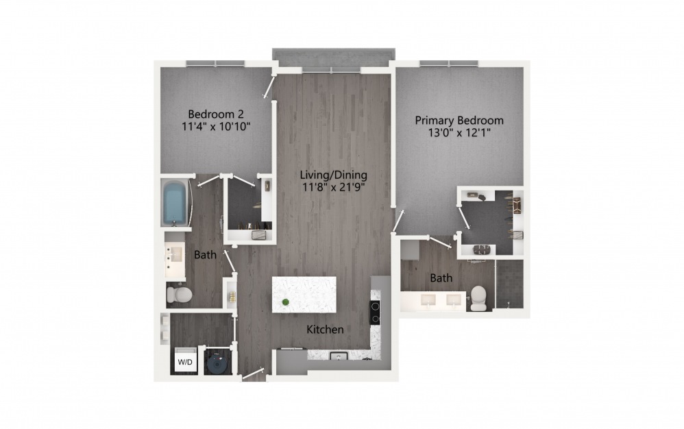 B5 - 2 bedroom floorplan layout with 2 baths and 1147 square feet. (2D)
