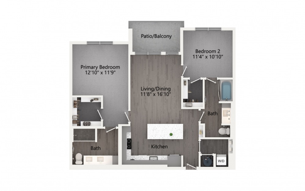 B6 - 2 bedroom floorplan layout with 2 baths and 1137 square feet. (2D)