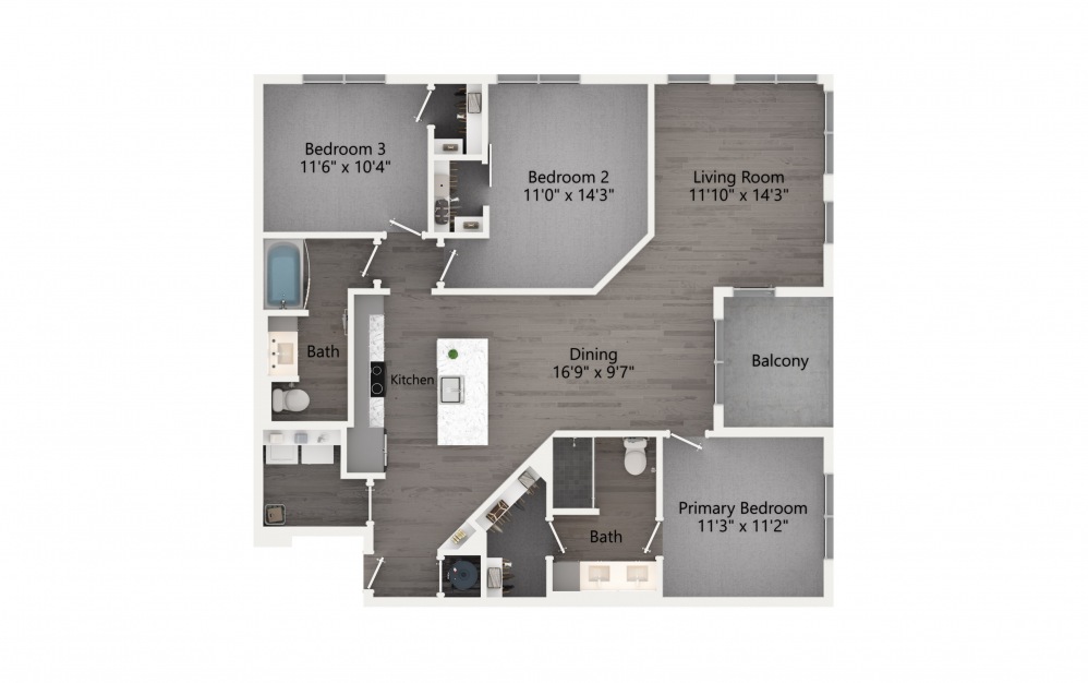 C1 - 3 bedroom floorplan layout with 2 baths and 1382 square feet. (2D)
