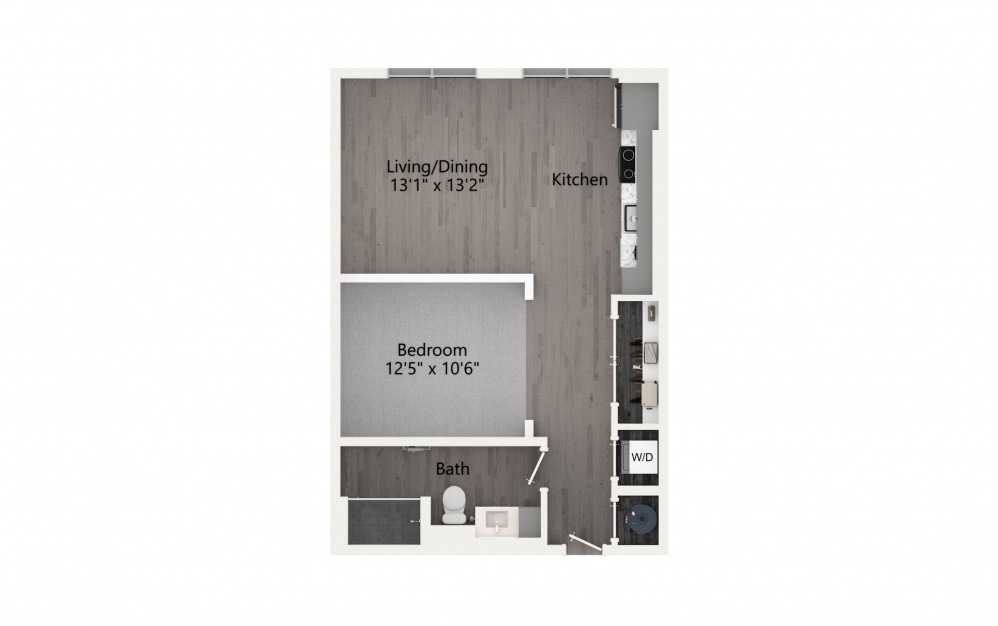 S3 - Studio floorplan layout with 1 bath and 732 square feet. (2D)